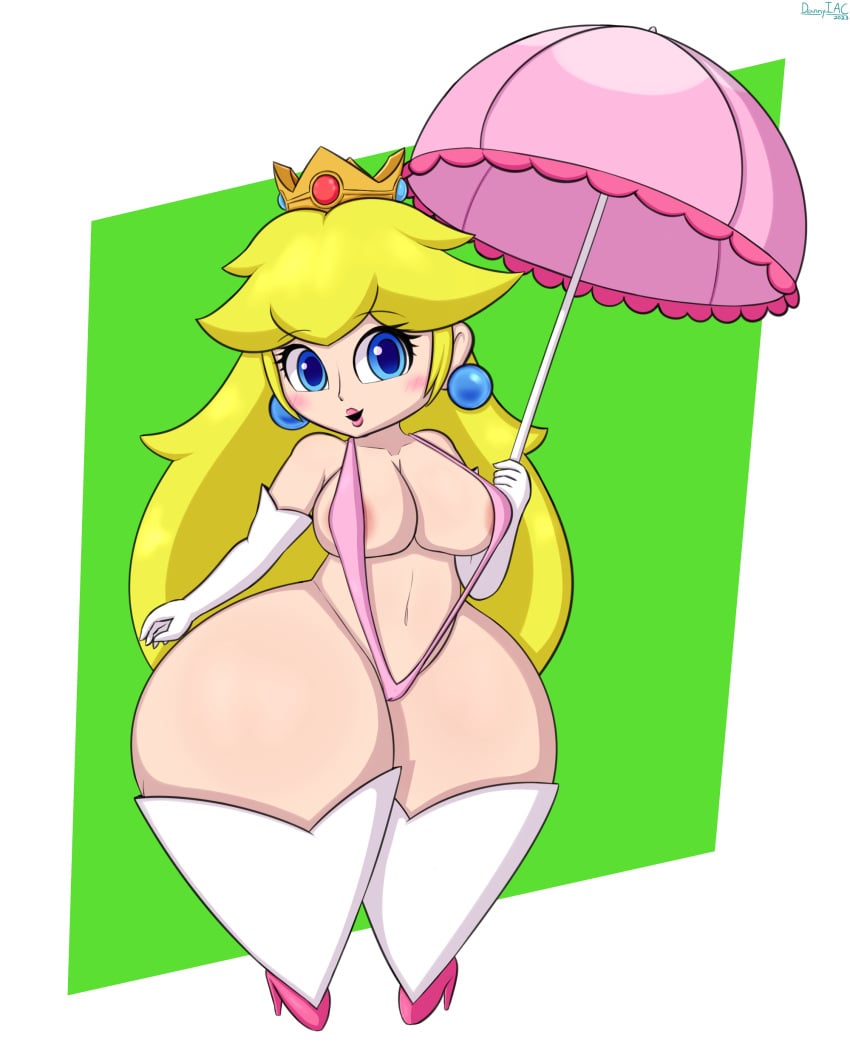 1girls 2023 bikini blonde_hair blue_eyes blush breasts crown dannyiac earrings elbow_gloves female female_only full_body gloves green_background high_heels long_hair mario_(series) nintendo pink_bikini princess_peach shortstack simple_background sling_bikini solo standing super_mario_rpg super_mario_rpg_remake swimsuit thick_thighs thighhighs thighs umbrella very_long_hair white_border wide_hips