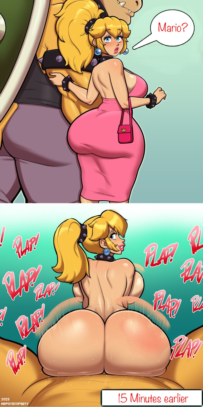 1boy 1boy1girl 1girls ass ass_in_dress backboob big_ass blonde blonde_female blonde_hair blue_eyes bouncing_breasts bowser bubble_butt butt_crack comic dat_ass dress dumptruck_ass earrings english_text fat_ass female huge_ass huge_breasts instant_loss_2koma interspecies mario_(series) mrpotatoparty muscular_male netorare nintendo ntr pawg ponytail princess princess_peach reverse_cowgirl_position royalty sex size_difference spiked_collar text thick thick_ass wide_ass