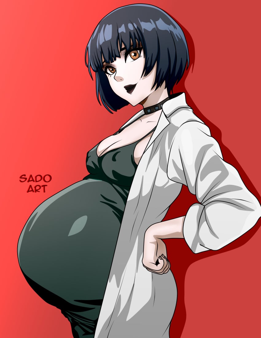 1girls atlus big_belly black_lipstick blue_hair brown_eyes choker cleavage doctor eyeshadow goth labcoat mature_female medium_breasts older_female persona persona_5 pregnant ready_to_pop sado_art sega side_view tae_takemi