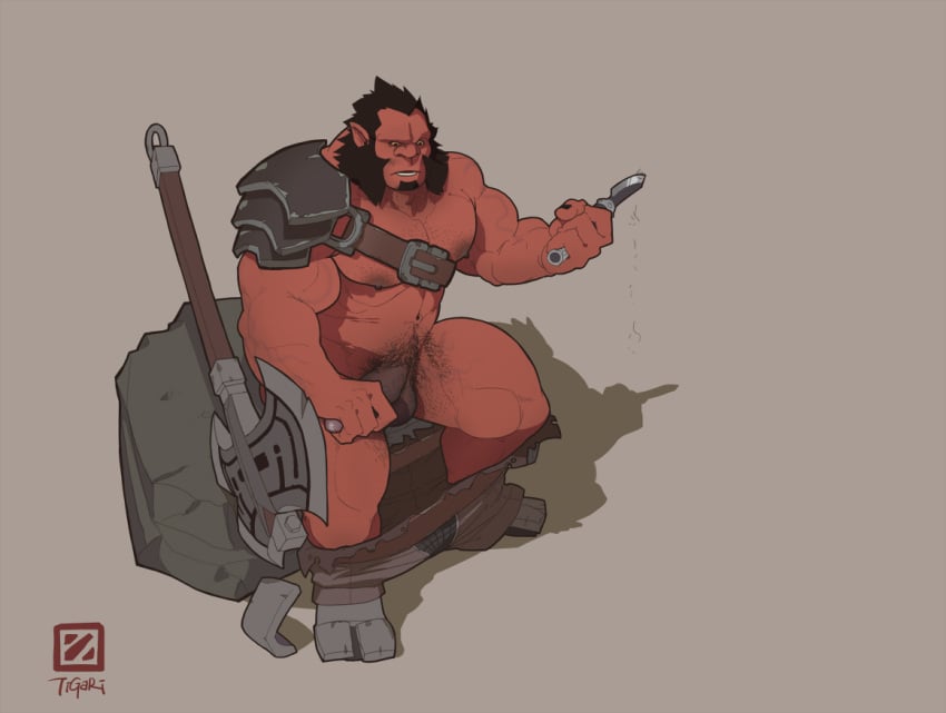 1boy arm_hair armor axe axe_(dota) bara bare_pectorals battle_axe chest_belt chest_hair clothes_pull dota_(series) dota_2 from_above full_body gay hairy half-erect holding holding_knife knife large_pectorals leather leg_hair male_focus male_only muscular muscular_male mutton_chops navel_hair nipples old old_man pants pants_pull pauldrons pectorals penis_grab planted receding_hairline rock shaving shaving_crotch short_hair shoulder_armor single_pauldron sitting solo solo_male strongman_waist thick_eyebrows thick_thighs thighs tigari uncensored weapon