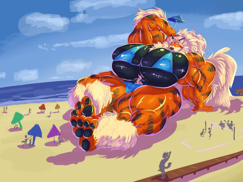 abs arcanine beach biceps big_breasts big_muscles bikini bobert breasts breasts_bigger_than_head female hair huge_breasts huge_muscles hyper_breasts large_breasts large_muscles long_hair macro muscles muscular muscular_anthro muscular_arms muscular_female muscular_legs muscular_thighs paws pokemon pokemon_(species) tail