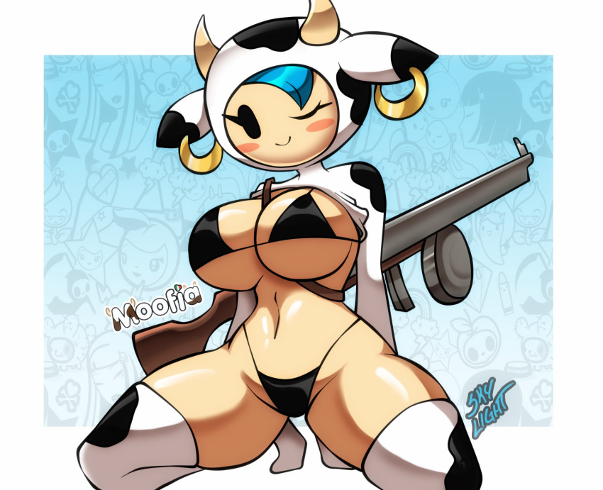 1girls big_breasts bikini black_bikini black_clothing blue_hair blush breasts clothed cow_costume cow_ears cow_girl cow_horns earrings female female_focus female_only kneeling mob_face moofia mozzarella shotgun skylight_(artist) solo spread_legs spreading tights tokidoki wink winking_at_viewer