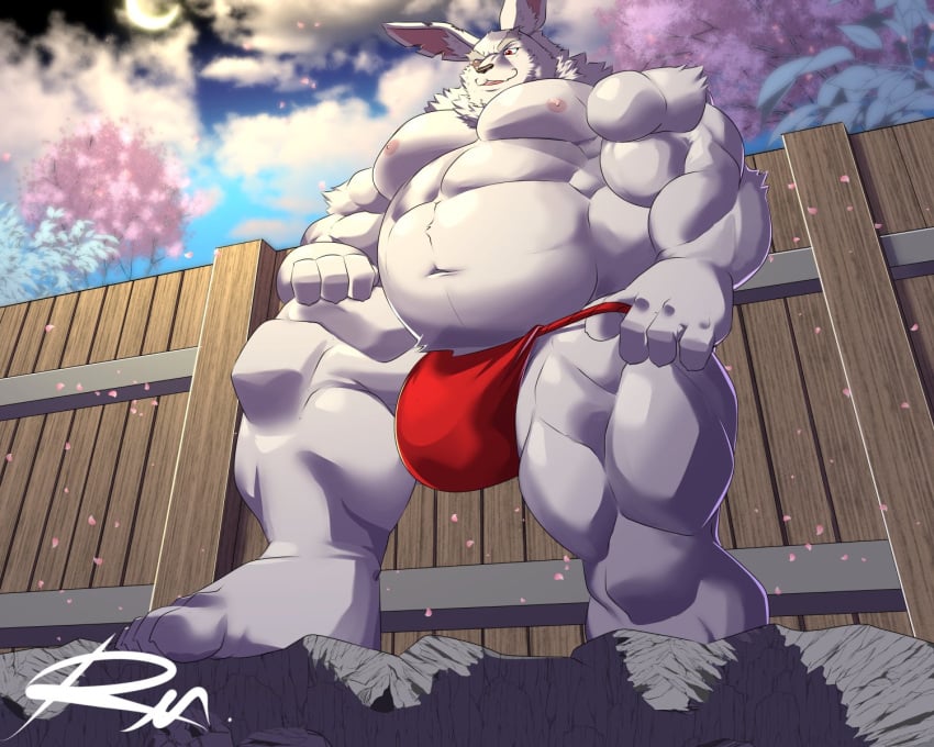 2023 anthro asian_clothing barazoku belly big_belly bulge clothing detailed_background east_asian_clothing flaccid fundoshi hi_res humanoid_hands japanese_clothing kemono lagomorph leporid male male_only mammal mature_male musclegut night nipples outside overweight overweight_male plant rabbit reclamon red_clothing red_fundoshi red_underwear shangri-la_frontier solo tree underwear vorpal_rabbit vysache white_body