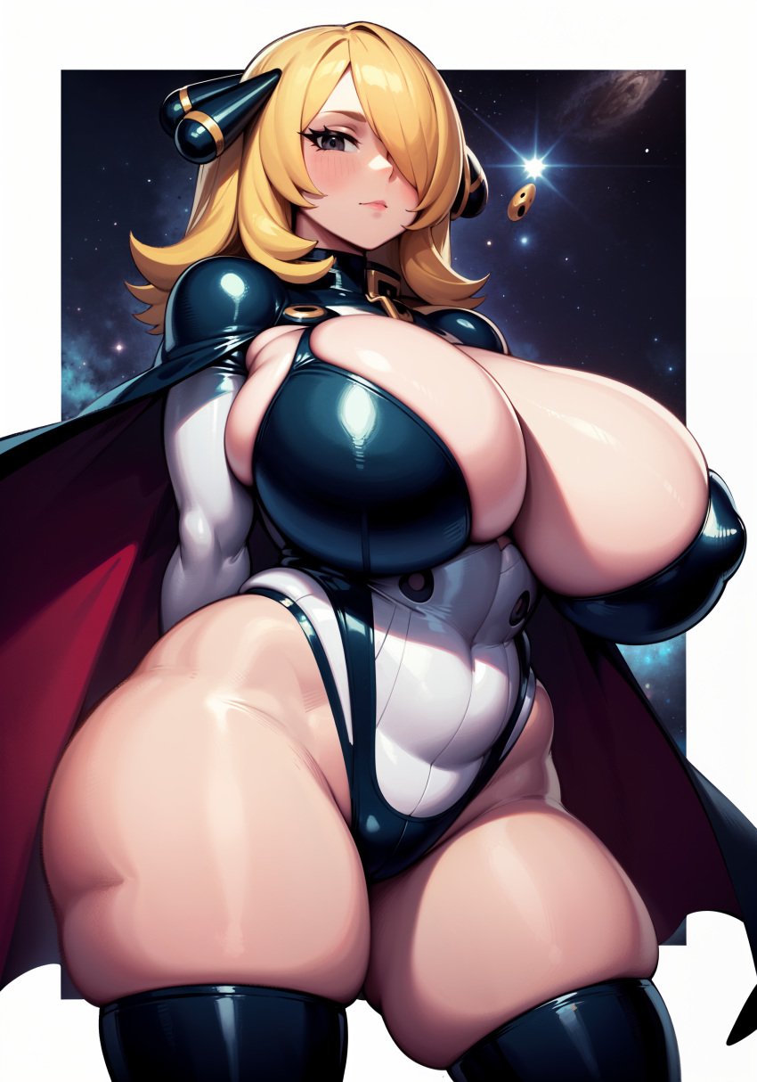 1girls ai_generated blonde_hair breasts cynthia_(pokemon) female game_freak hair_over_one_eye highleg_leotard hips huge_breasts leotard light-skinned_female light_skin long_hair nintendo oatmealdood pokemon pokemon_dppt stable_diffusion thick_thighs thighs voluptuous wide_hips