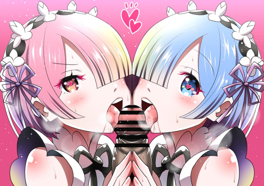 1boy 2girls ai_wa_muteki blue_eyes blue_hair censor_bar censored censored_penis collaborative_fellatio double_fellatio female hair_ornament hair_over_one_eye heart heart-shaped_pupils human light-skinned_female maid maid_headdress maid_uniform male matching_hair/eyes open_mouth pink_eyes pink_hair ram_(re:zero) re:zero_kara_hajimeru_isekai_seikatsu rem_(re:zero) saliva short_hair sisters straight tongue_out twins