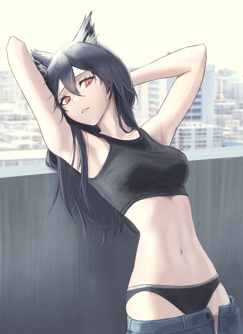 1girls amber_eyes animal_ear_fluff animal_ears arknights arms_behind_head balcony belly_button black_hair black_hair_female black_panties black_sports_bra black_top black_underwear blue_jeans city_background feline_ears feline_humanoid female female_only flat_belly flat_stomach head_to_side inck00 jeans jeans_down jeans_open leaning leaning_back looking_at_viewer medium_breasts mouth_open navel panties pants_down skinny skinny_female skinny_girl skinny_waist slim slim_body slim_female slim_girl slim_waist solo solo_female sports_bra tagme texas_(arknights) three-quarter_portrait underwear waist white_skin white_skinned_female white_sky wolf_ears