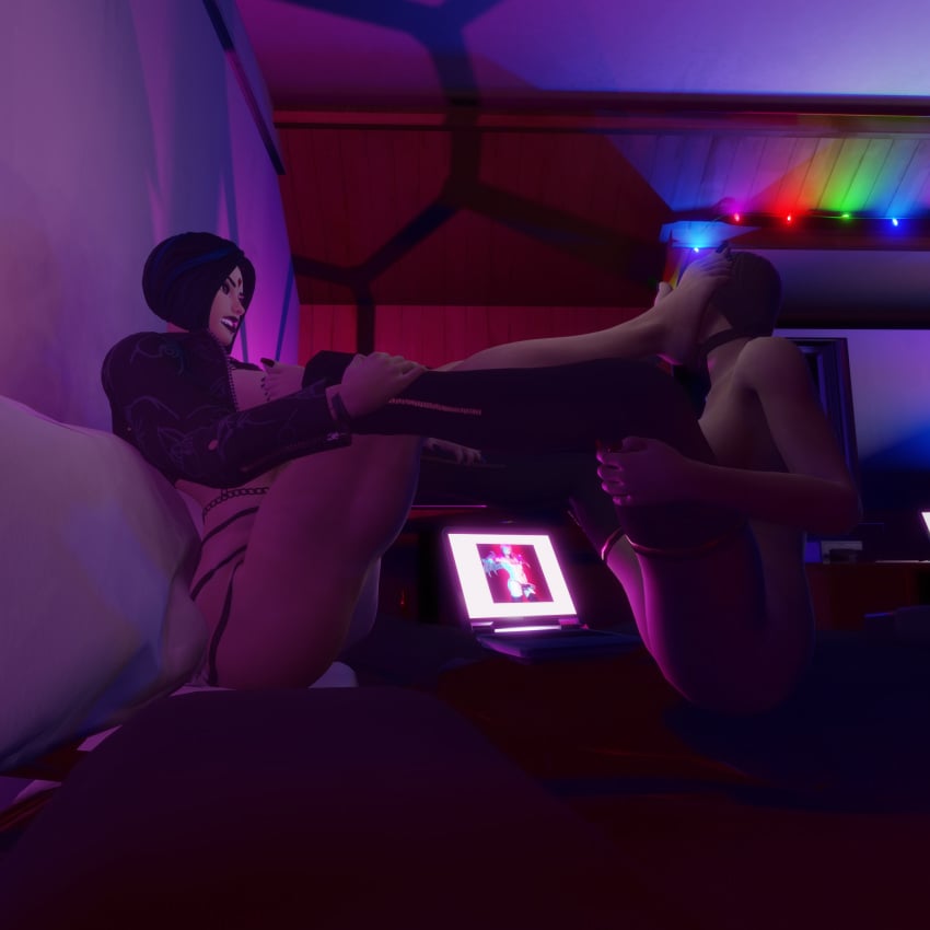 2girls 3d bed bedroom black_toenails blender blender_(software) blender_eevee bondage bondage_outfit breasts choker crossover dark_room dc dc_comics dim_lighting feet feet_on_breasts feet_on_face female female_only foot_fetish foot_lick foot_licking foot_worship forehead_jewel fortnite fortnite:_battle_royale goth goth_girl horny horny_female insanis_(artist) jacket jacket_open long_toenails looking_at_partner multicolored_hair multiple_girls open_jacket rachel_roth raven_(dc) raven_(fortnite)_(dc) smiling smiling_at_partner sniffing superheroine teen_titans thighhighs toenails toes vampire vampire_girl vivica_saint_(fortnite) yuri