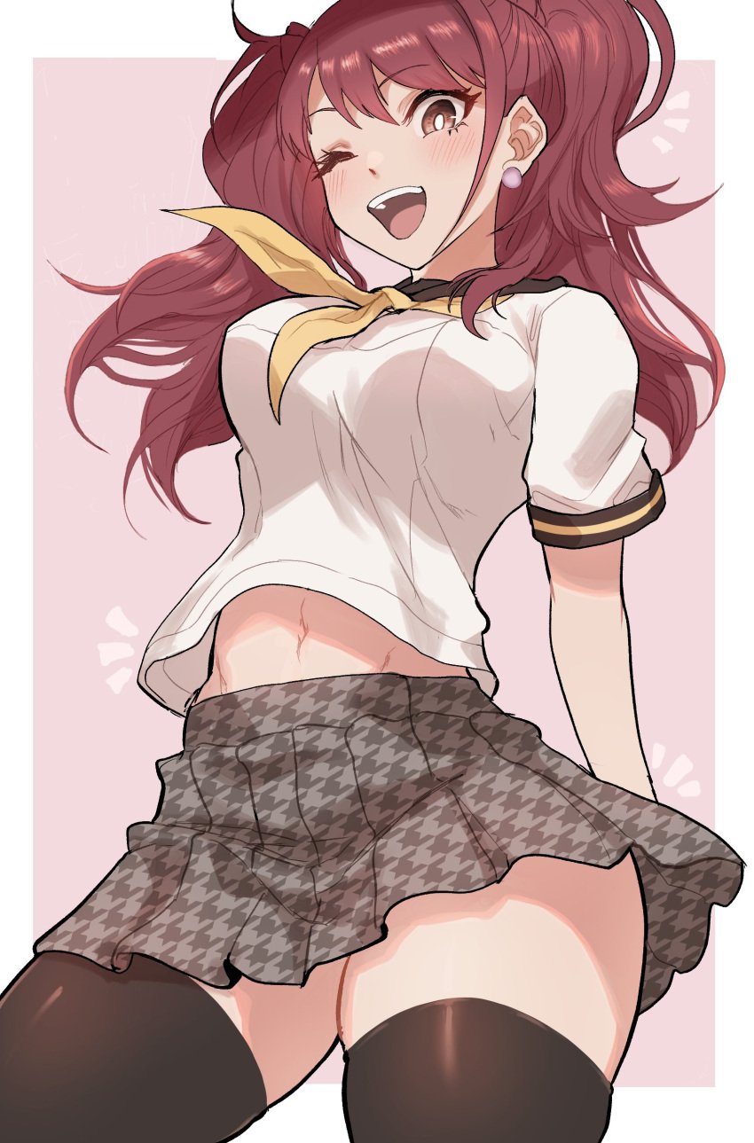 1girls belly belly_button bouncing_breasts breasts brown_eyes brown_hair earrings happy kujikawa_rise kurosususu miniskirt navel persona persona_4 school_uniform schoolgirl shin_megami_tensei skirt smiling solo stockings thick_thighs thighs twintails winking