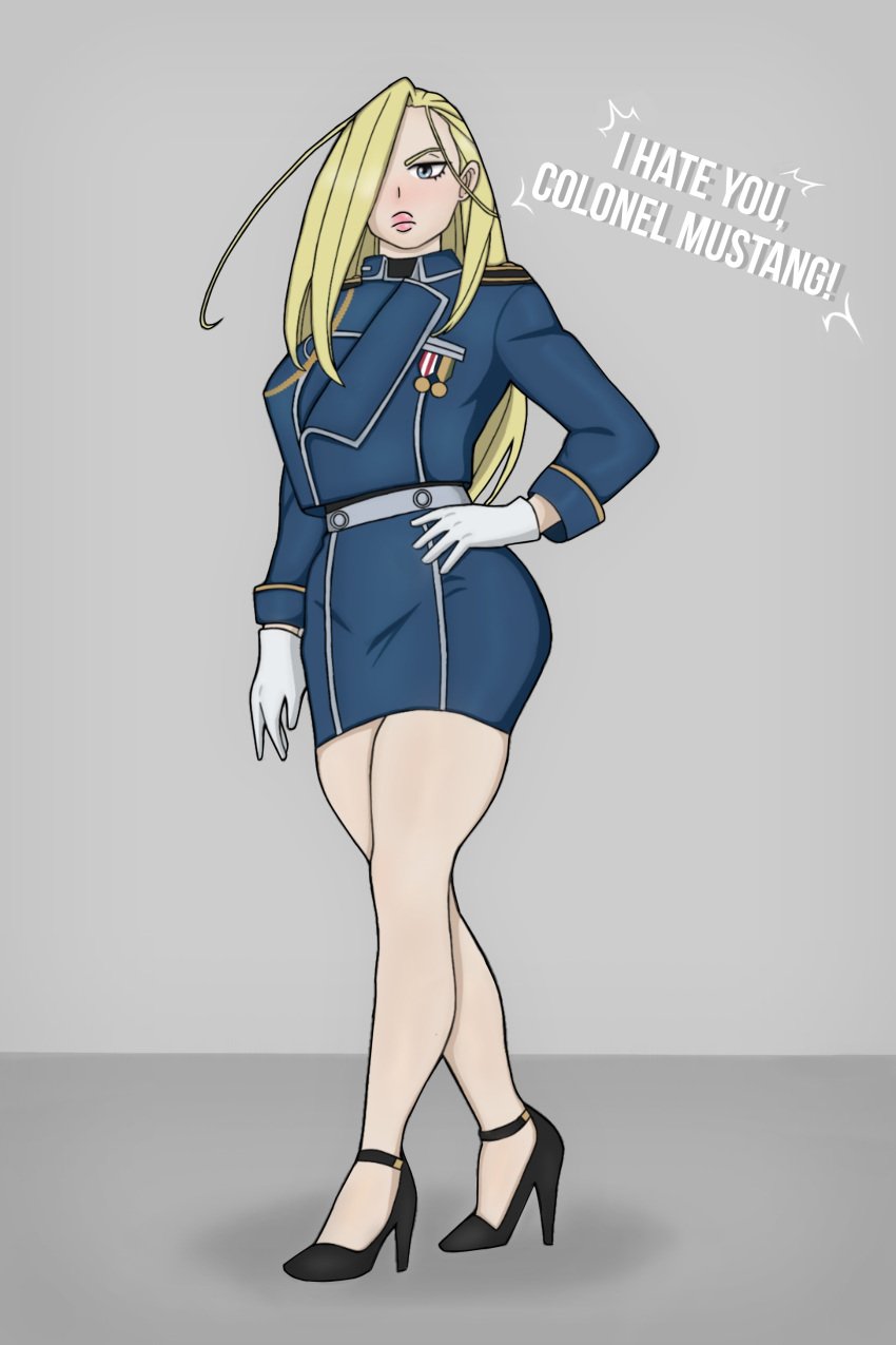 1girls blonde_hair blue_eyes female female_only fullmetal_alchemist glossy_lips long_hair milf olivier_mira_armstrong short_skirt thick_thighs