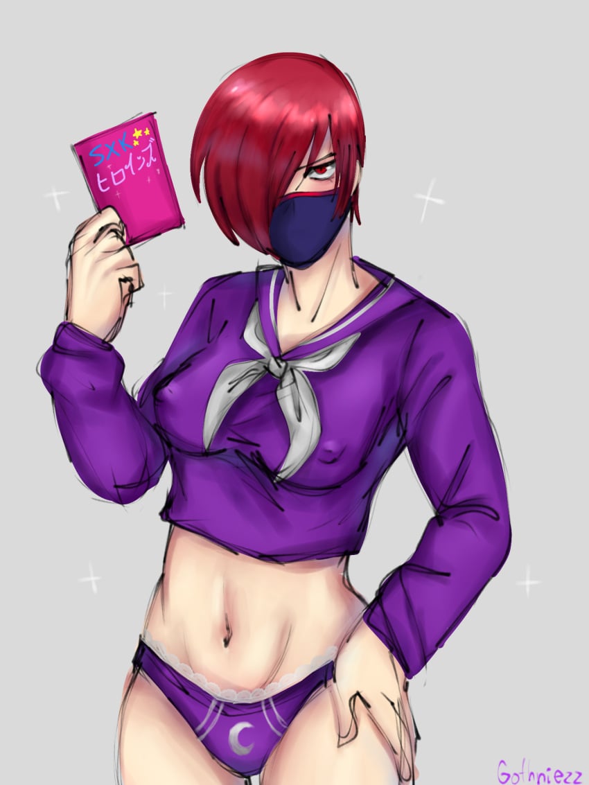 belly_button face_mask genderswap_(mtf) gothniezzz iori_yagami king_of_fighters miss_x mtf_crossgender purple_underwear red_eyes red_hair rule_63 showing_belly simple_drawing snk snk_heroines:_tag_team_frenzy visible_nipples