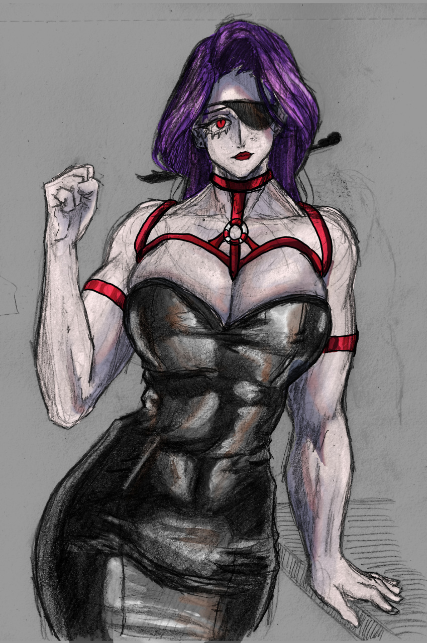 aep127035 bondage choker dress eyepatch huge_breasts muscular_female wide_hips