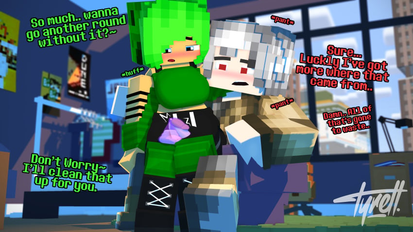 1boy 1girls 3d 3d_(artwork) after_sex apartment bedroom big_cock big_penis blue_eyes blush boots chair clothed clothed_sex clothing condom cum dialogue english english_text female filled_condom green_hair human lou_(pearickmc) mine-imator minecraft red_eyes sex sitting sitting_on_chair sitting_on_lap sitting_on_person stockings straight tagme text thigh_sex ty_(tyiscrazy) tyiscrazy white_hair