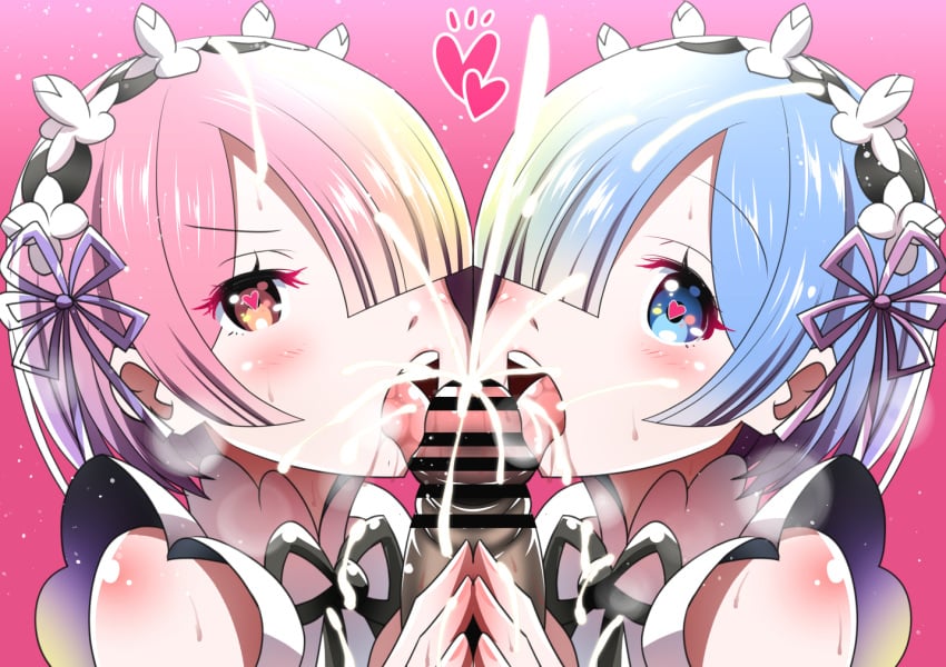 1boy 2girls ai_wa_muteki blue_eyes blue_hair censor_bar censored censored_penis collaborative_fellatio cum cumshot double_fellatio female hair_ornament hair_over_one_eye heart heart-shaped_pupils human light-skinned_female maid maid_headdress maid_uniform male matching_hair/eyes open_mouth pink_eyes pink_hair ram_(re:zero) re:zero_kara_hajimeru_isekai_seikatsu rem_(re:zero) saliva short_hair sisters straight tongue_out twins