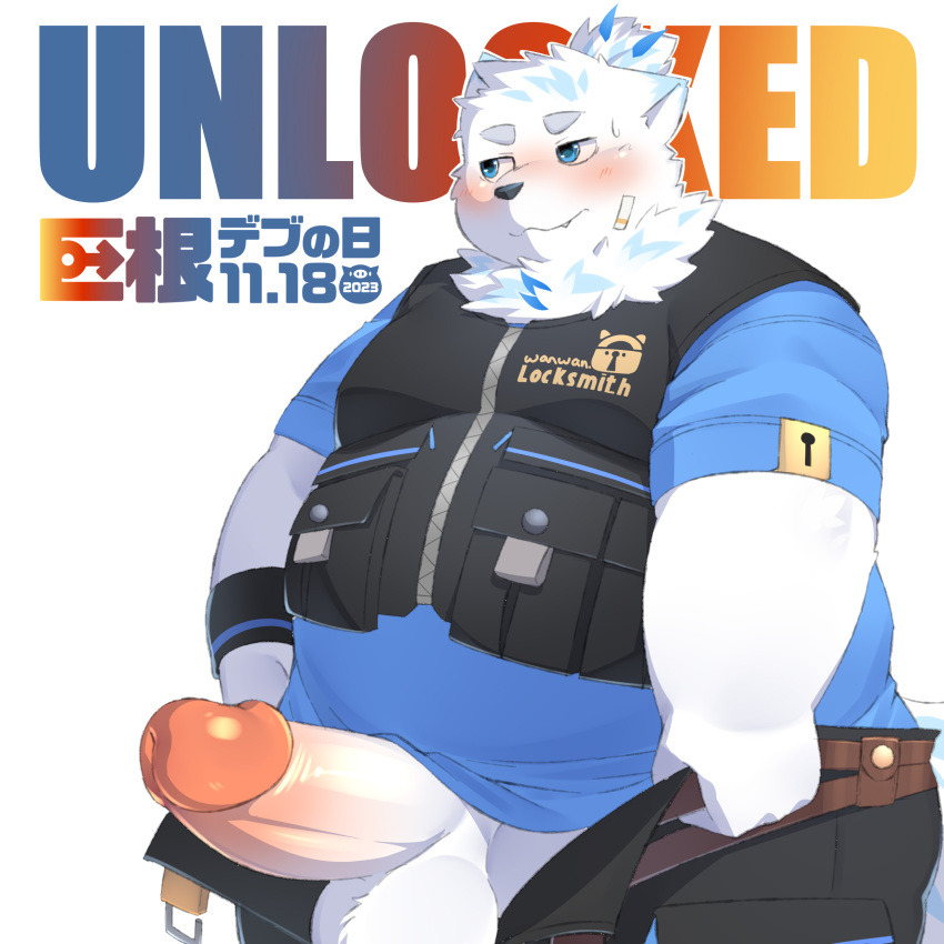 2023 absurd_res anthro badcat balls belly big_belly big_penis blush canid canine canis clothing domestic_dog erection fur genitals hi_res japanese_text kemono lifewonders live_a_hero male mammal overweight overweight_male penis shirt simple_background solo text topwear white_body white_fur yohack