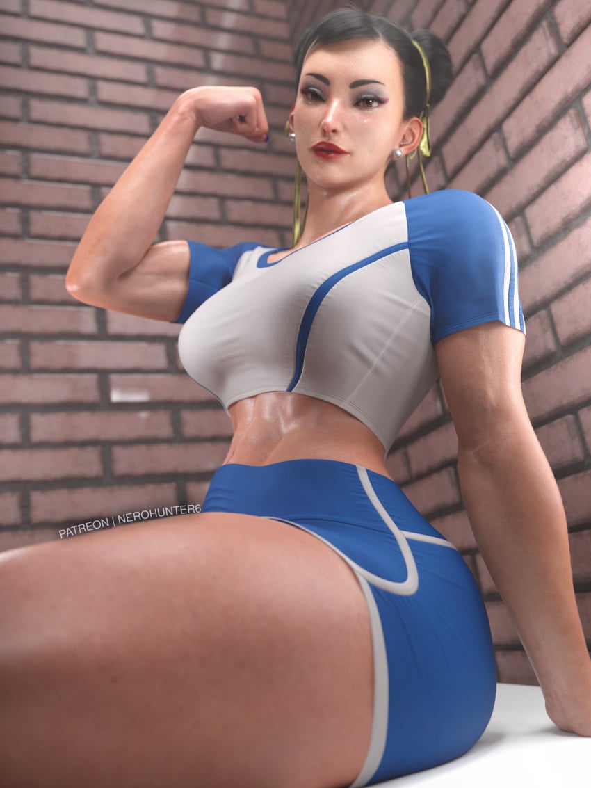 1girls 3d 3d_(artwork) abs ass athletic athletic_female big_ass big_breasts black_hair blue_eyes booty_shorts breasts bubble_ass bubble_butt busty capcom chun-li cleavage dat_ass eye_fetish female female_only gym hair_buns hi_res high_resolution highres human light-skinned_female light_skin midriff milf muscle_tone muscles muscular_thighs nerohunter6 ox_horns short_shorts shorts solo standing street_fighter street_fighter_6 thick_thighs tied_hair tights toned toned_female toned_legs twitter_username wide_hips