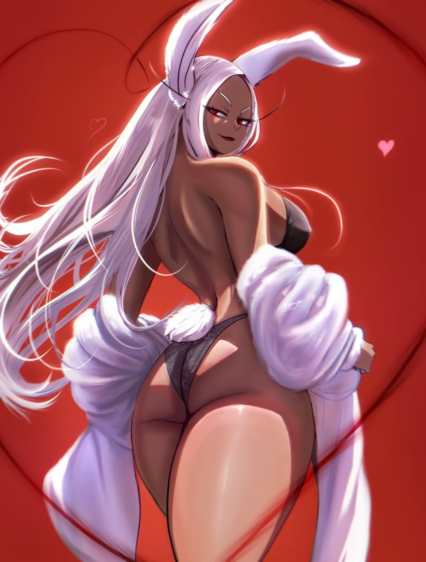 1girls ass bare_shoulders bunny_ears bunny_girl bunny_tail dark-skinned_female dark_skin female female_focus female_only fur_coat heart hehevich long_hair looking_at_viewer looking_back miruko my_hero_academia panties posing posing_for_the_viewer red_background red_eyes smile smiling_at_viewer solo solo_female solo_focus thick_thighs thighs thong white_hair