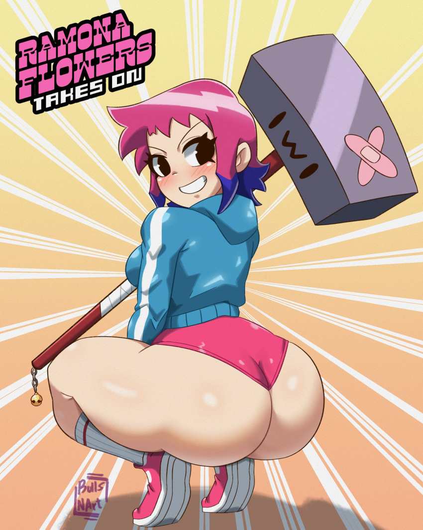 1girls 2d_(artwork) ass big_ass big_breasts big_thighs breasts bullsnart butt gigantic_ass gigantic_thighs hammer huge_ass huge_thighs knee_socks kneehighs kneesocks ramona_flowers scott_pilgrim scott_pilgrim_takes_off shoes sneakers socks socks_and_shoes squatting thick_hips thick_thighs white_socks