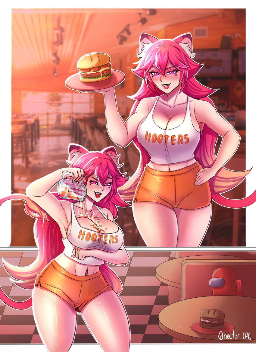 animal_ears big_breasts burger cleavage curvy gradient_hair hector_076 hooters hooters_uniform hot_pink_hair hourglass_figure latam_virtual_youtuber lion_tail long_hair lunaria_ayaren restaurant shorts spilled_alcohol spilled_drink sus tank_top thick_thighs virtual_youtuber vtuber vtuberfanart youtube_hispanic