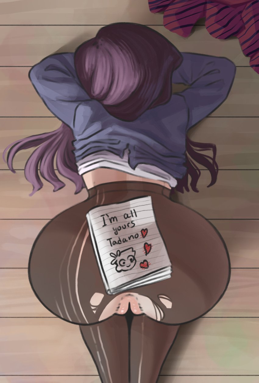 ass ass_focus ass_up behind_view clothes_on_floor dark_hair incinerated_art komi-san_wa_komyushou_desu komi_shouko notebook on_the_floor pantyhose purple_hair pussy pussy_peek ripped_clothing ripped_pantyhose school_uniform schoolgirl tadano_hitohito top-down_bottom-up torn_open_bottoms writing