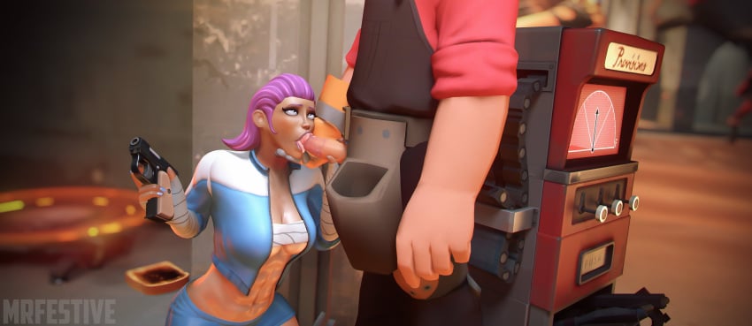 1boy 1girls 3d blowing blowjob blowjob_face blowjob_only busty_female clothed cock_hungry dominant_male engineer engineer_(team_fortress_2) fellatio femscout femscout_(alt_design) going_down_on gun hand_under_chin holding_head holding_weapon hourglass_figure licking_penis lipstick_mark lipstick_on_penis male/female mouth_full_of_cock mrfestive oral oral_sex penis_in_mouth purple_hair revealing_clothes source_filmmaker straight_sex submissive_female submissive_male sucking_penis team_fortress_2