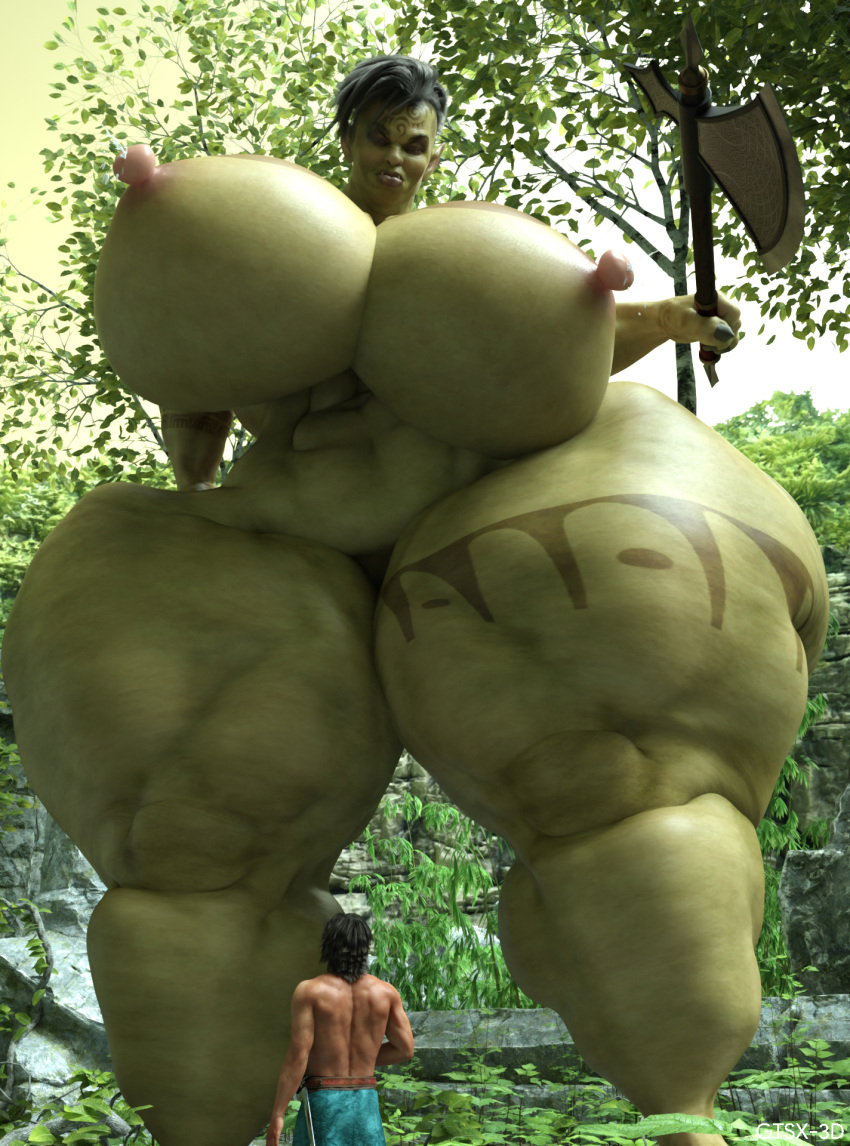 3d big_breasts breasts female female_focus giantess green_skin gtsx3d huge_breasts macro muscular muscular_female nipples orc size_difference solo_focus thick_thighs thunder_thighs