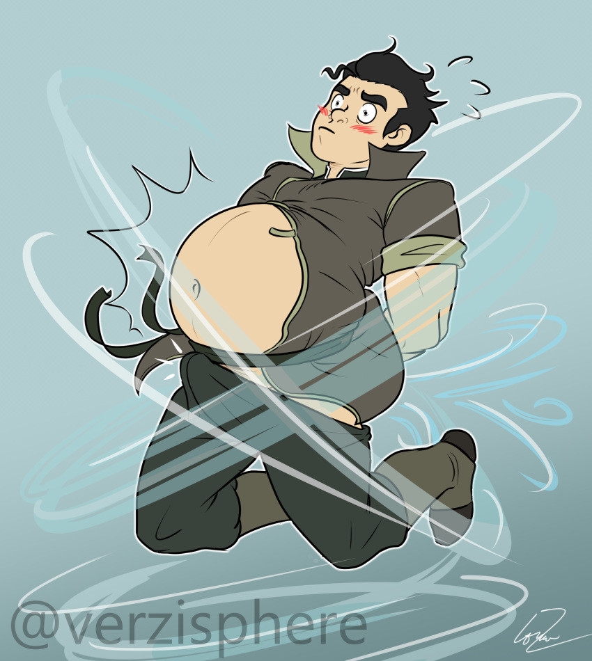 1boy avatar_legends belly belly_inflation big_belly blush bolin bulge erection erection_under_clothes inflation male male_only solo solo_male tenting the_legend_of_korra verzisphere