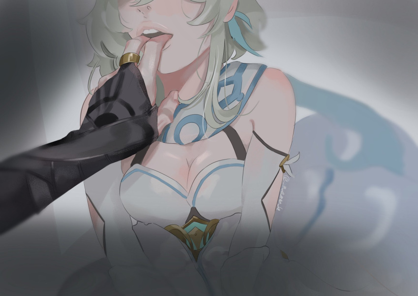 _ramen6 blonde_female blonde_hair cleavage dress finger_in_mouth fingering fingers genshin_impact hand_on_mouth hoyoverse lumine_(genshin_impact) open_mouth scaramouche_(genshin_impact) straight wanderer