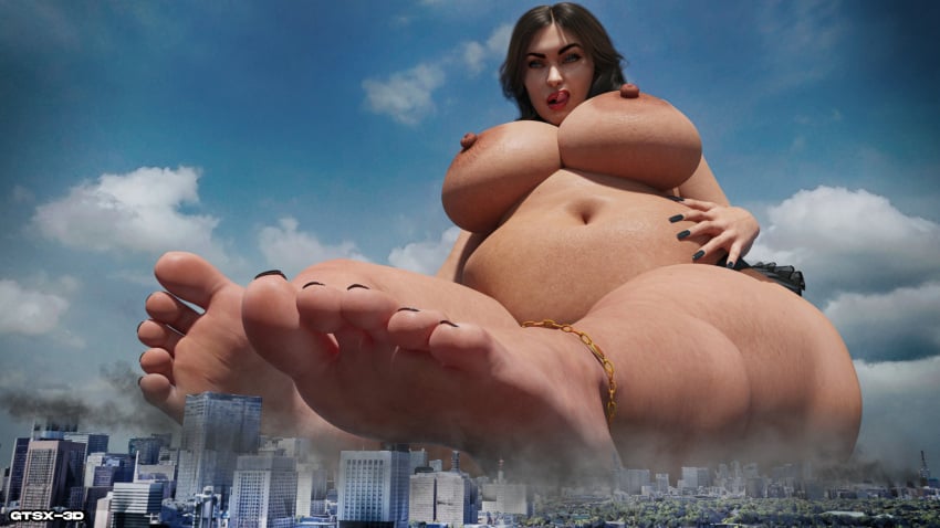 3d barefoot bbw belly big_belly big_breasts black_hair breasts celebrity fat feet female giantess gtsx3d hand_on_belly huge_breasts licking_lips macro megan_fox nipples overweight real_person thick_thighs tongue_out