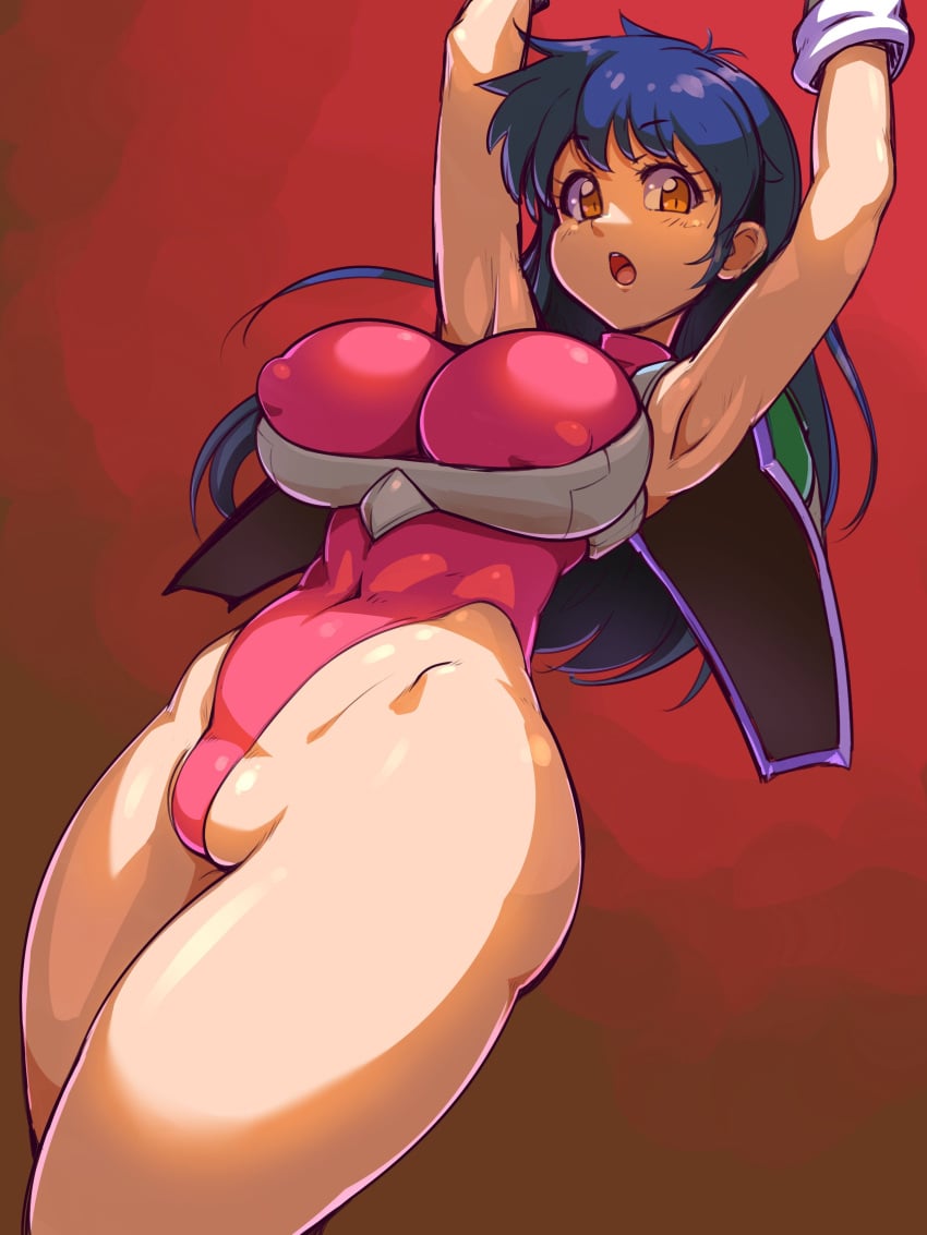 1girls armpits arms_up bare_legs big_breasts blue_hair breasts brown_eyes burning_force busty child_bearing_hips covered_erect_nipples covered_navel curvy highleg highleg_leotard highres large_breasts legs leotard long_hair looking_at_viewer namco open_mouth partially_visible_vulva ryoi shiny_skin solo tengenji_hiromi thick_thighs thighs thong_leotard toned wide_hips