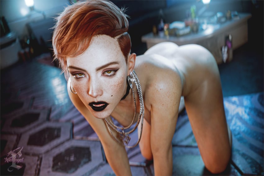 3d 3d_(artwork) 3d_model aurore_cassel black_lipstick cyberpunk_2077 cyberpunk_2077:_phantom_liberty looking_at_viewer medium_breasts realistic red_hair short_hair skinny slim small_breasts toned toned_female xieangel