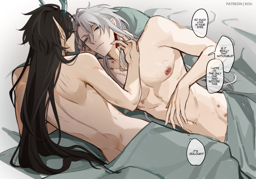 2boys 2d 2d_(artwork) abs after_sex aftercare bite_mark bite_marks black_hair blade_(honkai:_star_rail) blankets caressing_face clawed_fingers dan_heng dan_heng_(imbibitor_lunae) dragon dragon_horns earrings emerald_eyes gay hand_through_hair hickies honkai:_star_rail honkai_(series) horns human in_bed laying_on_bed long_hair nipples no_visible_genitalia nude_male pointy_ears purple_eyes scratch_marks staring_at_another text yukaero4