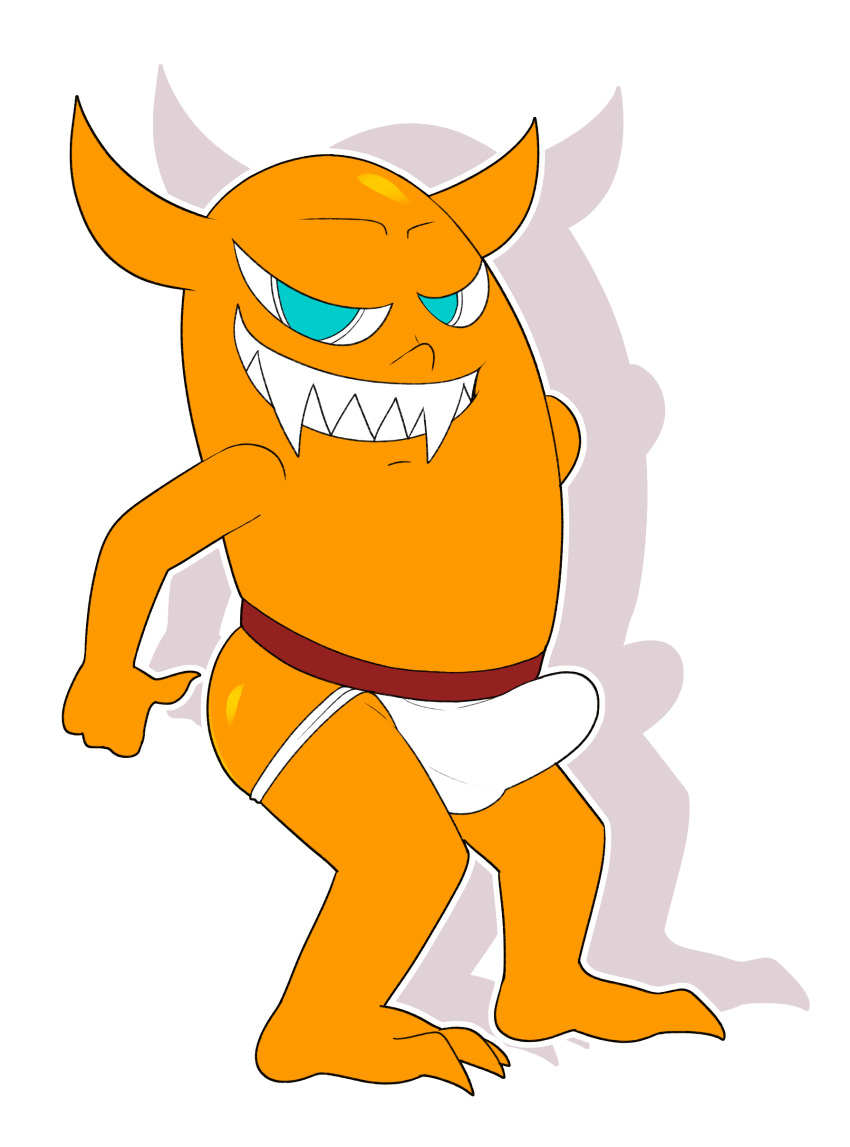 2_horns absurd_res blue_eyes clothed clothing demon erection erection_under_clothing hi_res horn jerseydevil jockstrap male non-human orange_body orange_horn orange_skin ownage_pranks simple_background solo teeth toony underwear white_background