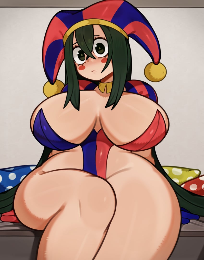 1girls ass big_ass big_breasts big_thighs blush breasts cleavage cosplay crossover crossover_cosplay eyebrows eyebrows_visible_through_hair female female_only gigantic_ass gigantic_breasts gigantic_thighs gloves green_hair huge_ass huge_breasts huge_thighs jester jester_costume jester_hat jester_outfit large_breasts long_hair looking_at_viewer melonpuff my_hero_academia pomni_(cosplay) pomni_(the_amazing_digital_circus) short_hair solo solo_female tagme the_amazing_digital_circus thick_hips thick_thighs thighs tsuyu_asui voluptuous white_body wide_hips