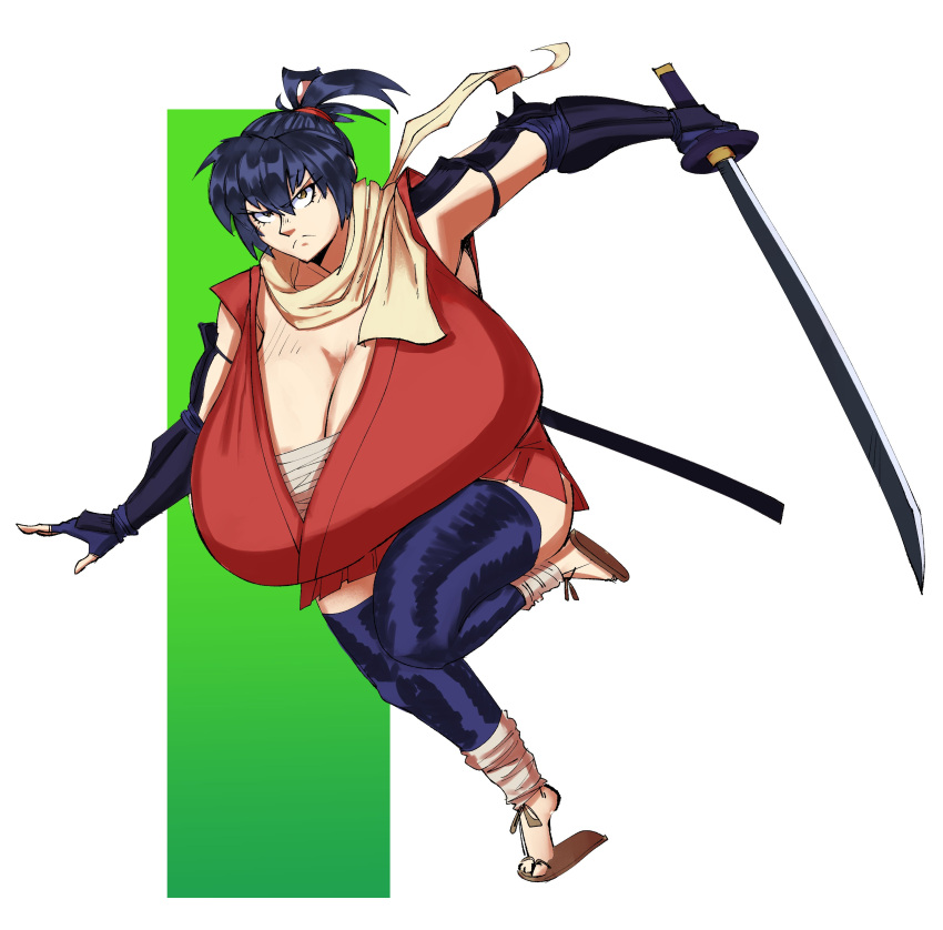 auroch_nsfw blue_hair breasts breasts_bigger_than_head breasts_bigger_than_torso cleavage frown gigantic_breasts huge_breasts japanese_clothes large_breasts manyuu_chifusa manyuu_hikenchou sword yellow_eyes