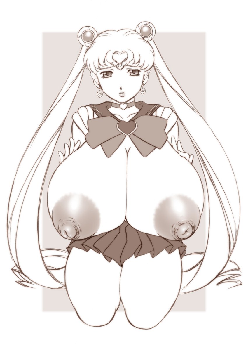 bishoujo_senshi_sailor_moon clothing gigantic_breasts huge_breasts large_breasts monochrome nipples orange_brand sailor_moon sitting skirt usagi_tsukino