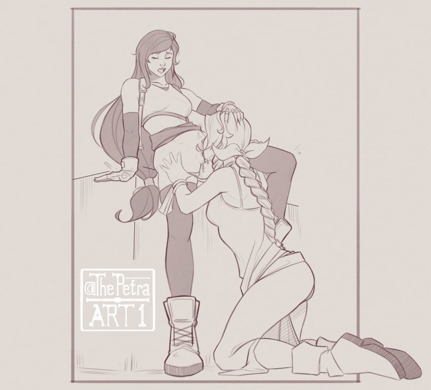 2girls aerith_gainsborough closed_eyes cunnilingus female female_focus female_only final_fantasy final_fantasy_vii going_commando going_down_on hand_on_head head_grab human human_only kneeling_oral_position lesbian_sex licking licking_lips licking_pussy moan moaning moaning_in_pleasure multiple_girls oral oral_sex pleasure_face pussy sitting_cunnilingus skirt_lift square_enix thepetraart1 tifa_lockhart yuri