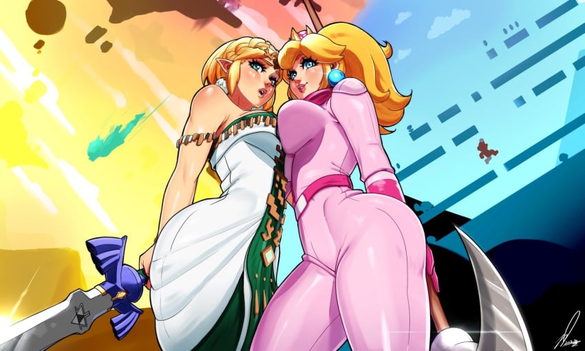 2girls asymmetrical_docking breasts clothing crossover female female_only holding_weapon kooj_artz large_breasts mario_(series) master_sword medium_breasts multiple_girls nintendo princess_peach princess_zelda standing super_mario_bros. super_mario_bros._(2023_film) sword tears_of_the_kingdom the_legend_of_zelda weapon zelda_(tears_of_the_kingdom) zonai_outfit