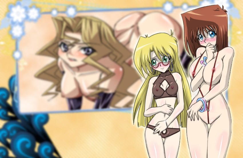 3girls cameltoe female female_only frutiger_metro glasses human kujaku_mai mai_valentine mazaki_anzu multiple_females multiple_girls nipples rebecca_hawkins rebecca_hopkins road_map see-through straw_(artist) swimsuit tea_gardner uncensored yu-gi-oh! yu-gi-oh!_duel_monsters