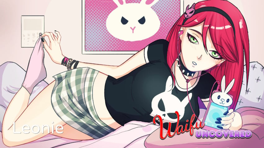 alt_girl big_breasts black_fingernails bracelets bunny_ornament checkered_skirt eyeliner fully_clothed german_female green_eyes hairband headphones ipod leonie_(waifu_uncovered) lying_on_bed pulling_off_legwear punk punk_girl red_hair shirt skirt socks solo solo_female spiked_choker spiked_collar tight_shirt waifu_uncovered