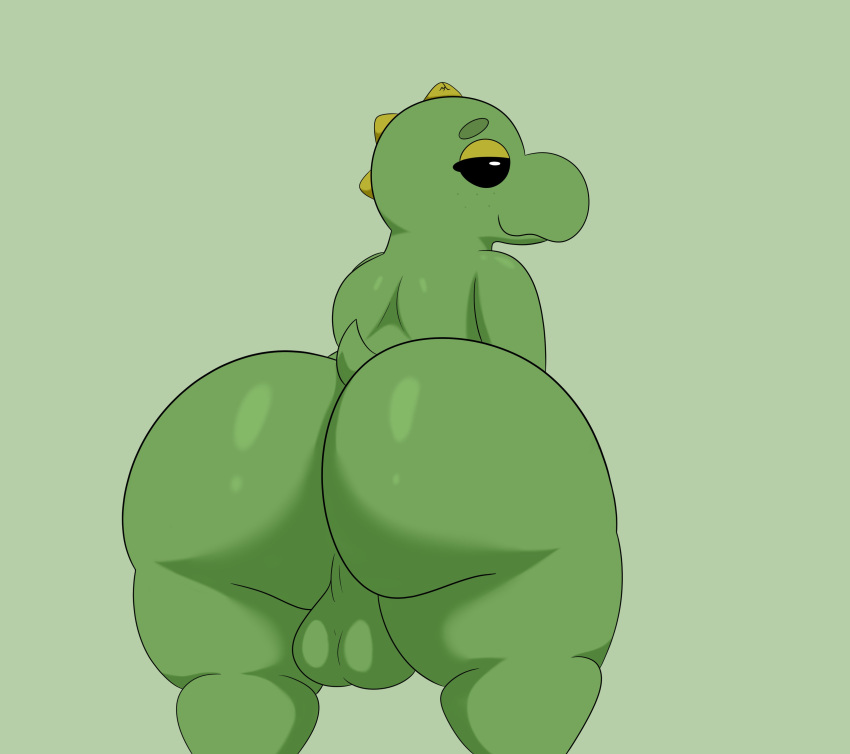 2023 absurd_res anthro ass balls bedroom_eyes belly_lentel bent_over big_butt black_sclera colossalstars digital_media_(artwork) genitals green_background green_body green_scales green_spikes green_tail half-closed_eyes hi_res kobold lizard looking_at_viewer looking_back male male_focus male_only narrowed_eyes original original_character presenting presenting_hindquarters reptile scales scalie seductive short_tail simple_background smile solo spikes spikes_(anatomy) tail thick_thighs white_eyes