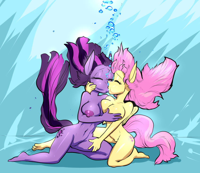 2girls breathplay bubbles byondrage closed_eyes female female/female female_only flowing_hair fluttershy_(mlp) friendship_is_magic groping hasbro holding kissing my_little_pony naked nudity ponies pony rubbing sitting tagme touching twilight_sparkle_(mlp) underwater yuri