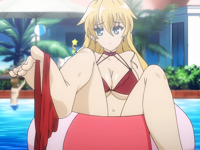 1girls alternate_hairstyle big_breasts bikini bikini_bottom_removed blonde_hair blue_eyes breasts busty claire_harvey cleavage drill_hair drink feet female female_only highres hundred large_breasts legs navel pool red_bikini screencap solo swimsuit thighs water