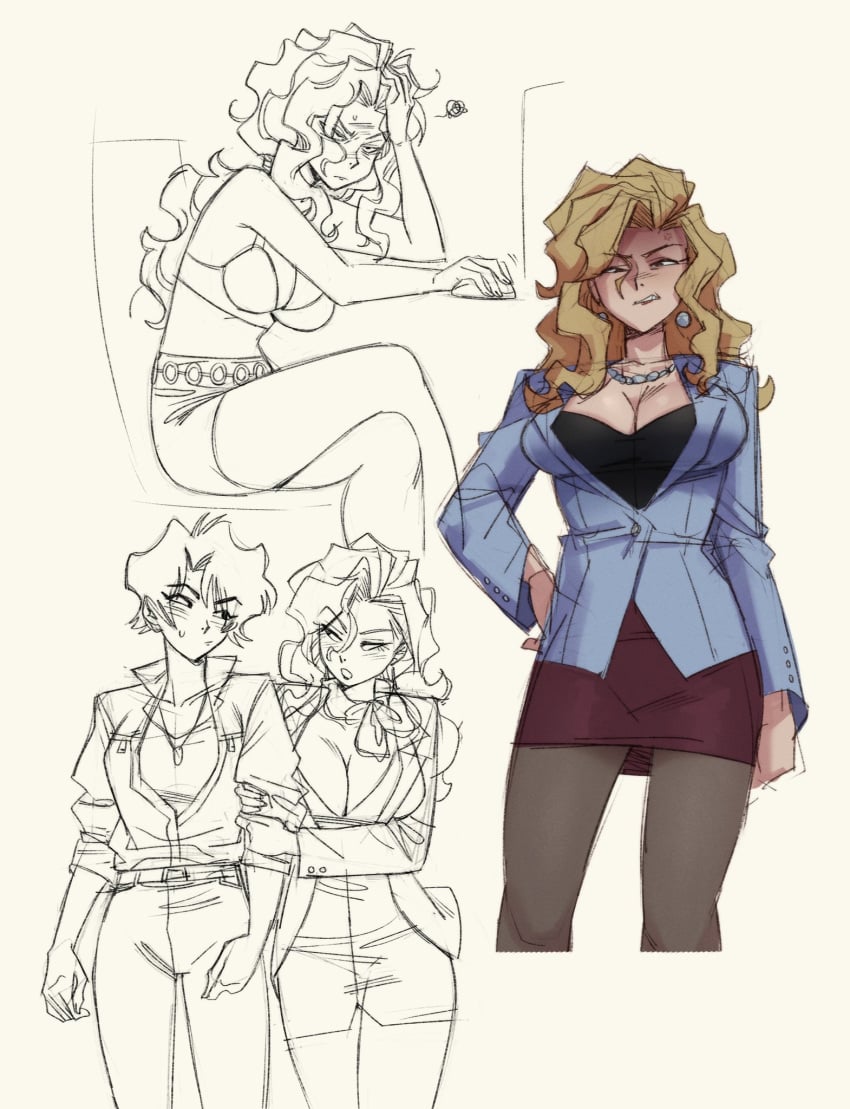 blonde_hair blush bra breasts button_down_shirt cleavage earrings frustrated golden_boy leggings madame_president messy_hair necklace red_lipstick shirt sitting sketch skirt tagme