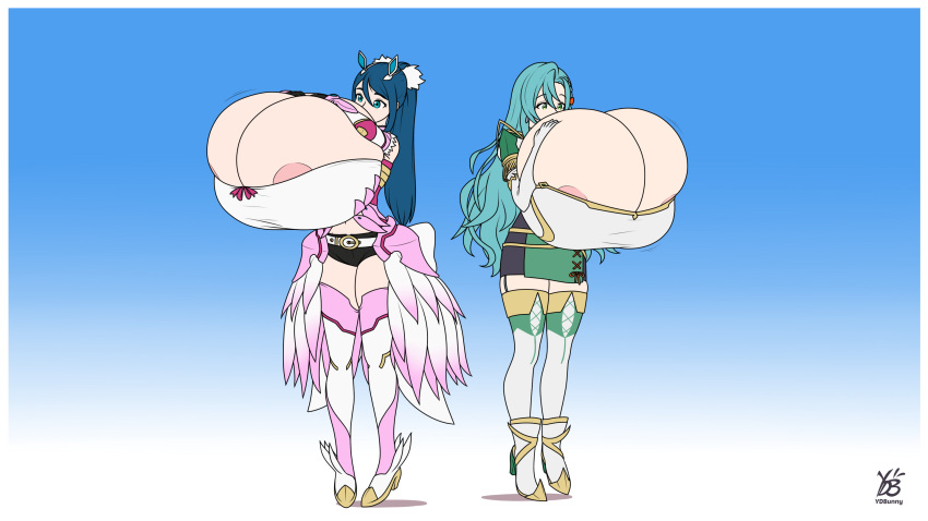 2023 2girls areola_slip barely_clothed barely_visible_nipples blue_hair breast_expansion chloe_(fire_emblem) cleavage female female_only fire_emblem fire_emblem_engage full_body gigantic_breasts green_hair hyper_breasts light-skinned_female light_skin multiple_girls nintendo oribe_tsubasa tokyo_mirage_sessions_#fe ydbunny