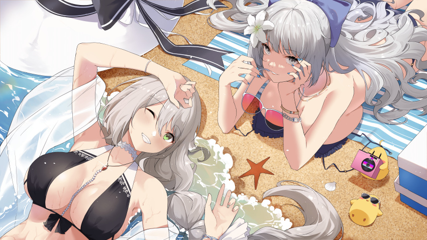 2girls absurdres aquila_(a_sip_of_sardegnian_elegance)_(azur_lane) aquila_(azur_lane) azur_lane beach bikini black_bikini braid breasts cleavage day flower green_eyes grey_eyes grey_hair grin hair_flower hair_ornament highres holding holding_removed_eyewear huge_breasts large_breasts light-skinned_female light_skin long_hair looking_at_viewer lying manjuu_(azur_lane) multiple_girls mush_(mushlicious) ocean official_alternate_costume on_back on_stomach one_eye_closed outdoors sardegna_empire_(azur_lane) single_braid smile sunglasses sunglasses_removed swimsuit unworn_eyewear vittorio_veneto_(azur_lane) vittorio_veneto_(the_flower_of_la_spezia)_(azur_lane) water white_flower