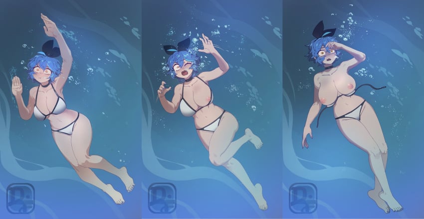 1girls almost_nude areolae areolae_slip bikini blue_hair dif_(difman) difmanm drowning female female_focus female_only headband losing_consciousness losing_control ocean sea short_hair side-tie_bikini solo solo_female solo_focus topless topless_female underwater water yellow_eyes