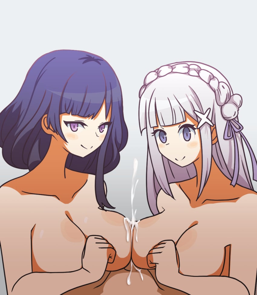 1boy 2girls blue_eyes breasts cooperative_paizuri crossover cum cum_between_breasts cumshot double_penetration ejaculation ejaculation_between_breasts emilia_(re:zero) genshin_impact hair_ribbon hakayu hoyoverse large_breasts pov purple_eyes raiden_shogun re:zero_kara_hajimeru_isekai_seikatsu smile white_hair