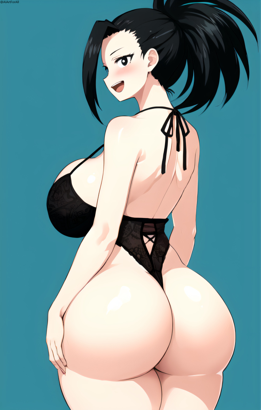 :d ai_generated aiartforall ass ass_focus black_eyes black_hair blush huge_ass large_breasts lingerie momo_yaoyorozu my_hero_academia ponytail simple_background thighs yaoyorozu_momo