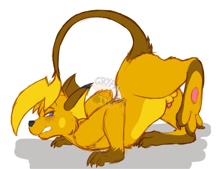 animal_genitalia anthro crawling generation_1_pokemon genitals grimace long_tail male naughtygryph nintendo on_ground penis pokemon pokemon_(species) poking_out raichu raised_leg sheath tail