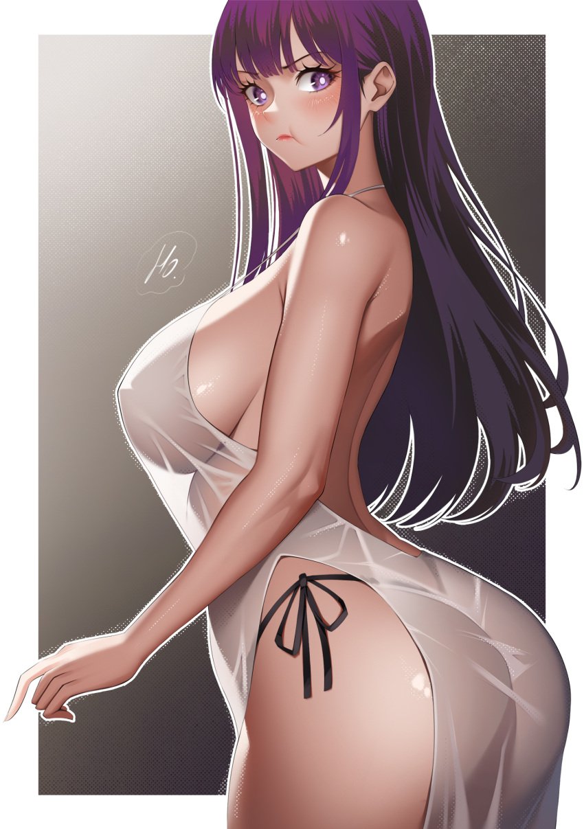 1girls alternate_breast_size alternate_costume ass backless_dress backless_outfit bare_shoulders big_ass black_panties blunt_bangs blush border breasts bright_pupils closed_mouth commentary dress fern_(sousou_no_frieren) from_side highres hime_cut ho70994095 large_breasts long_hair looking_at_viewer looking_to_the_side outside_border panties pout pouting purple_eyes purple_hair revealing_clothes see-through see-through_dress side-tie_panties sideboob solo sousou_no_frieren underwear white_border white_dress white_pupils